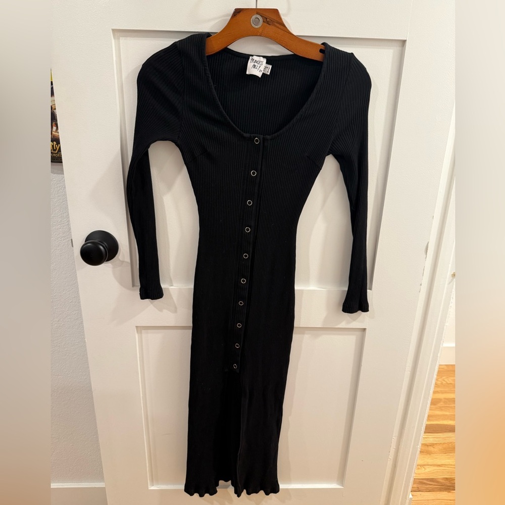 Princess Polly Black Button-Down Ribbed Long Sleeve Dress